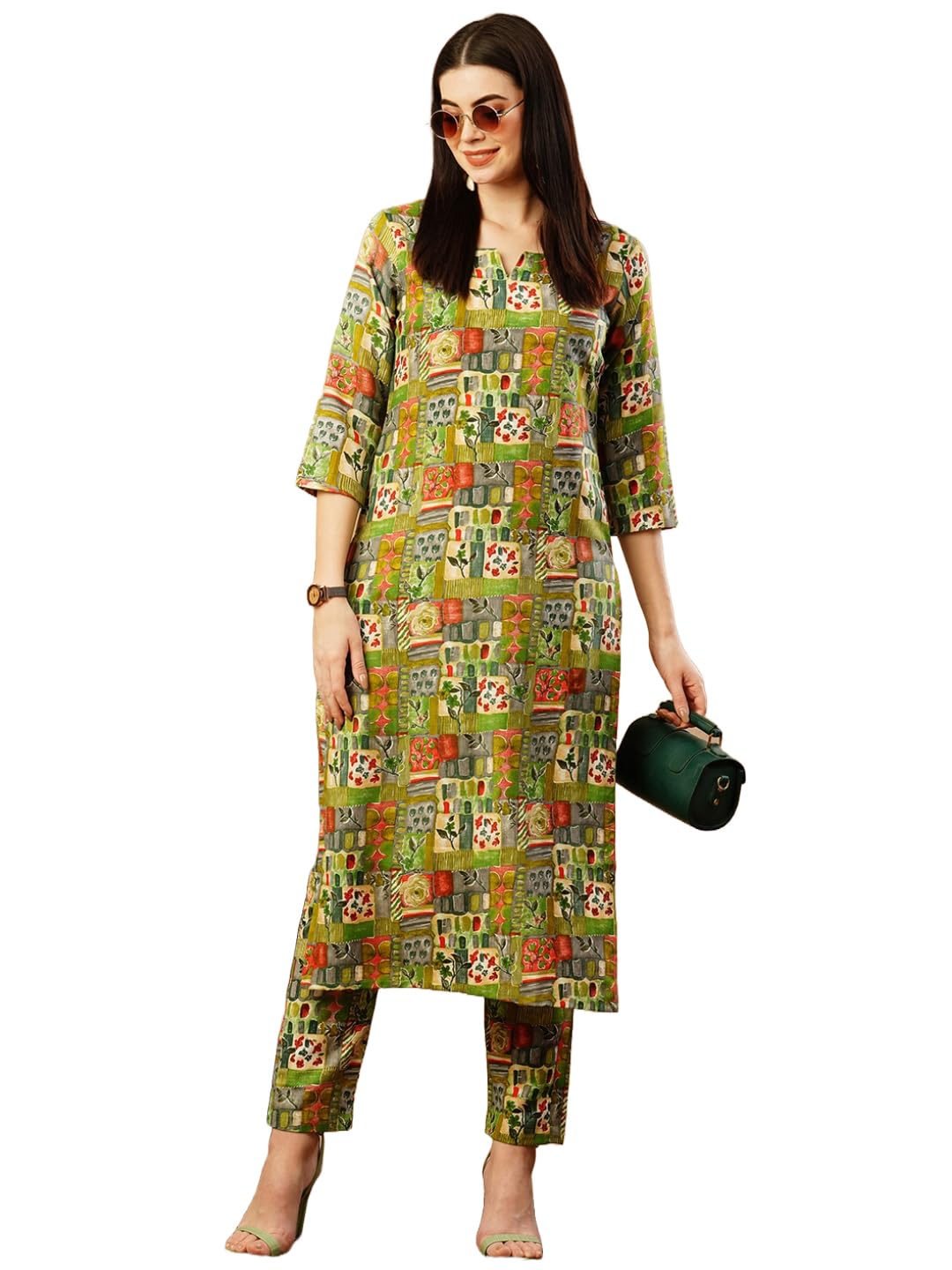 ANNI DESIGNER Womens Cotton Blend Straight Printed Kurta with Pant (ING 10 Green_L_Green_Large)