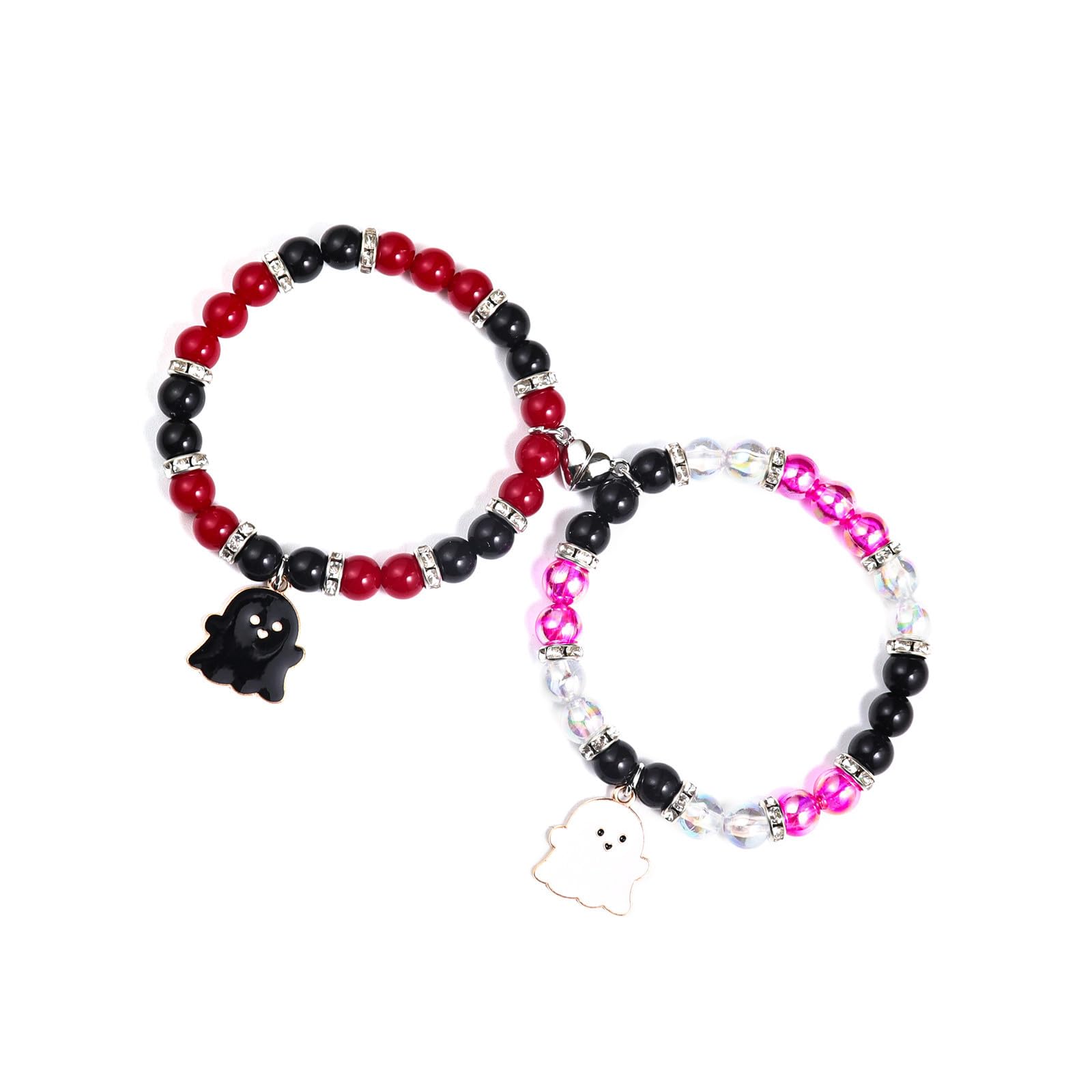 2Pcs Love Heart Couple Matching Natual Stone Beaded Ghost Bracelet Set Stretch Braide Rope Halloween Bat Devil Pumpkin Wizard Br