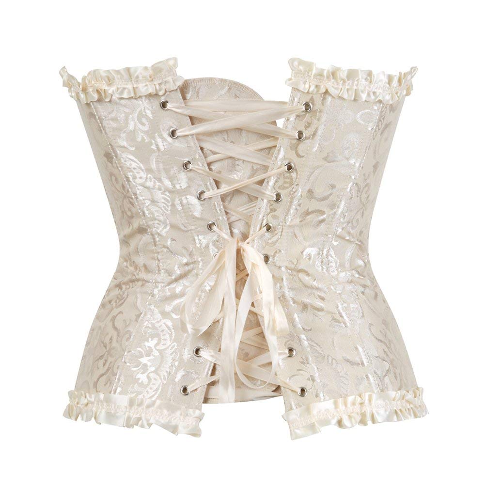 SHYMMUO Women's Lacing Corset Top Satin Floral Boned Overbust Body Shaper Bustier Beige M