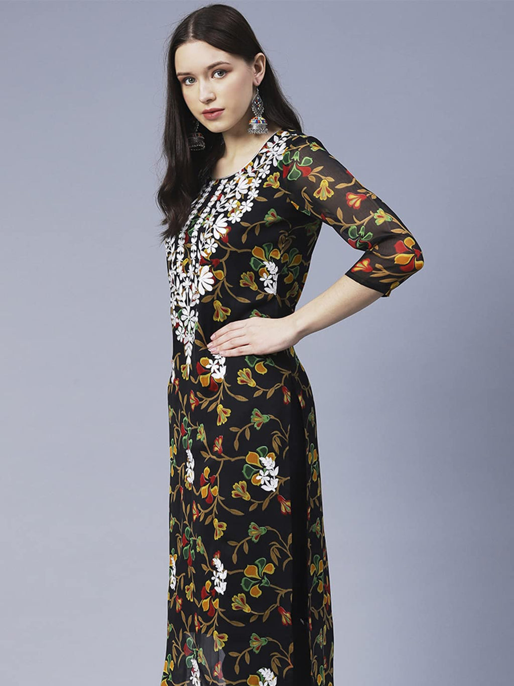 ANNI DESIGNER Womens Printed Georgette Chikankari Embroidered Kurti (Gori-Black_M_Black_Medium)