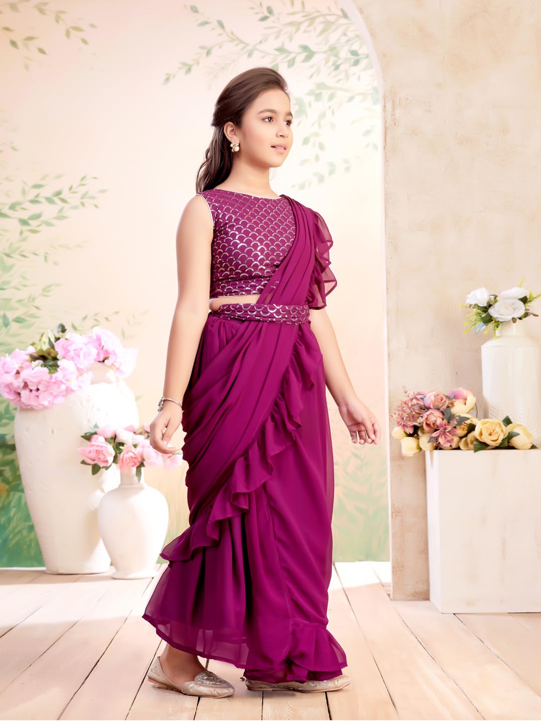 Aarika Girls Ethnic Wear Purple Colour Sequin Embroidery Georgette Lehenga Saree With Attachable Dupatta-(3-13 Years)-(SR-26011-