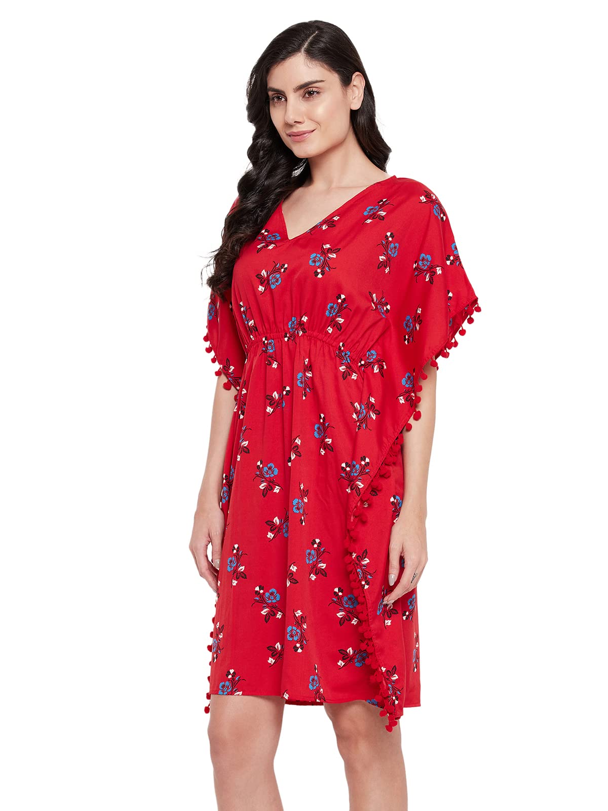 Clovia Women'S Crepe Floral Print Short Kaftan Dress (Rw0034P04_Red_Xl-Xxl)