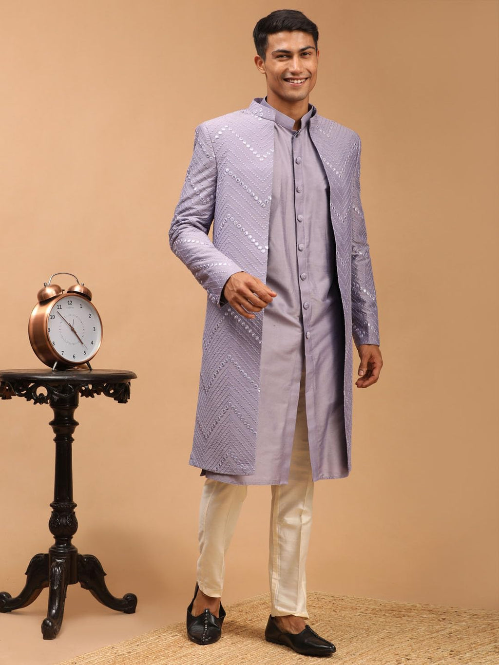 VASTRAMAY Mirror Work Front Open Sherwani Set with Pant Style Pyjama for Men  Elegant Ethnic Wear for Weddings & Festivals