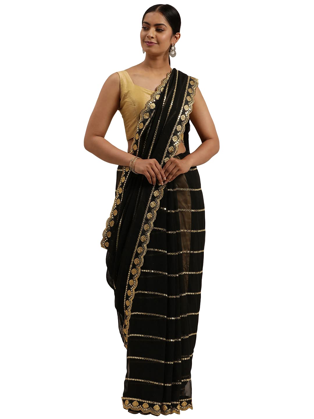 Shasmi Womens Designer Black Georgette Embroidered Fashion Designing Saree for Women (KK) (Black)