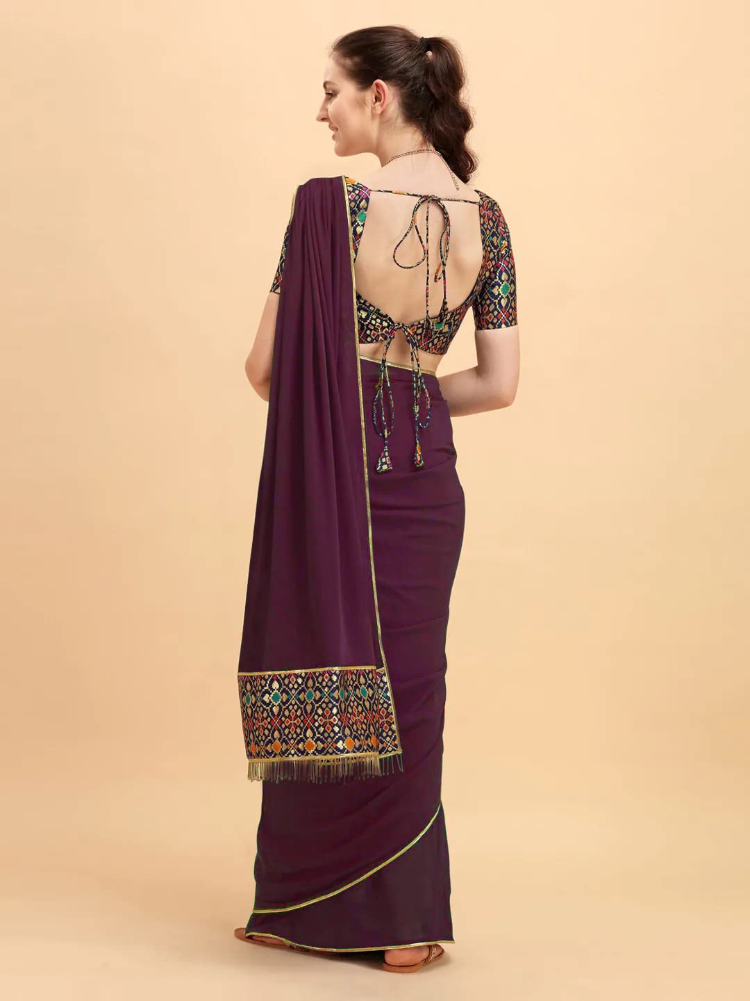 Shasmi Maroon Embellished Solid Georgette Saree With Blouse Piece