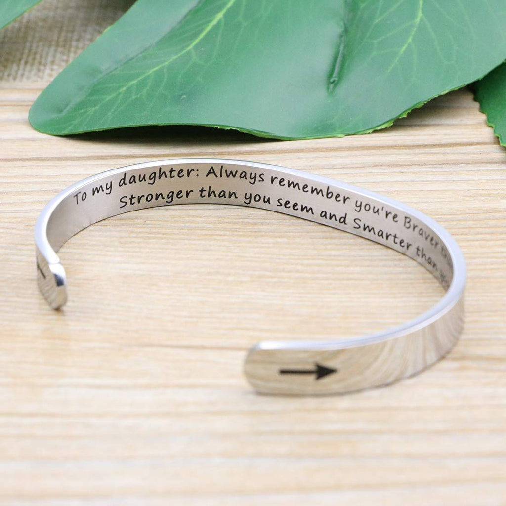 Daughter Mother Bracelets Wide Cuff Bangle Message Engraved Christmas Gifts for Her (To my daughter, Always remember you're brav