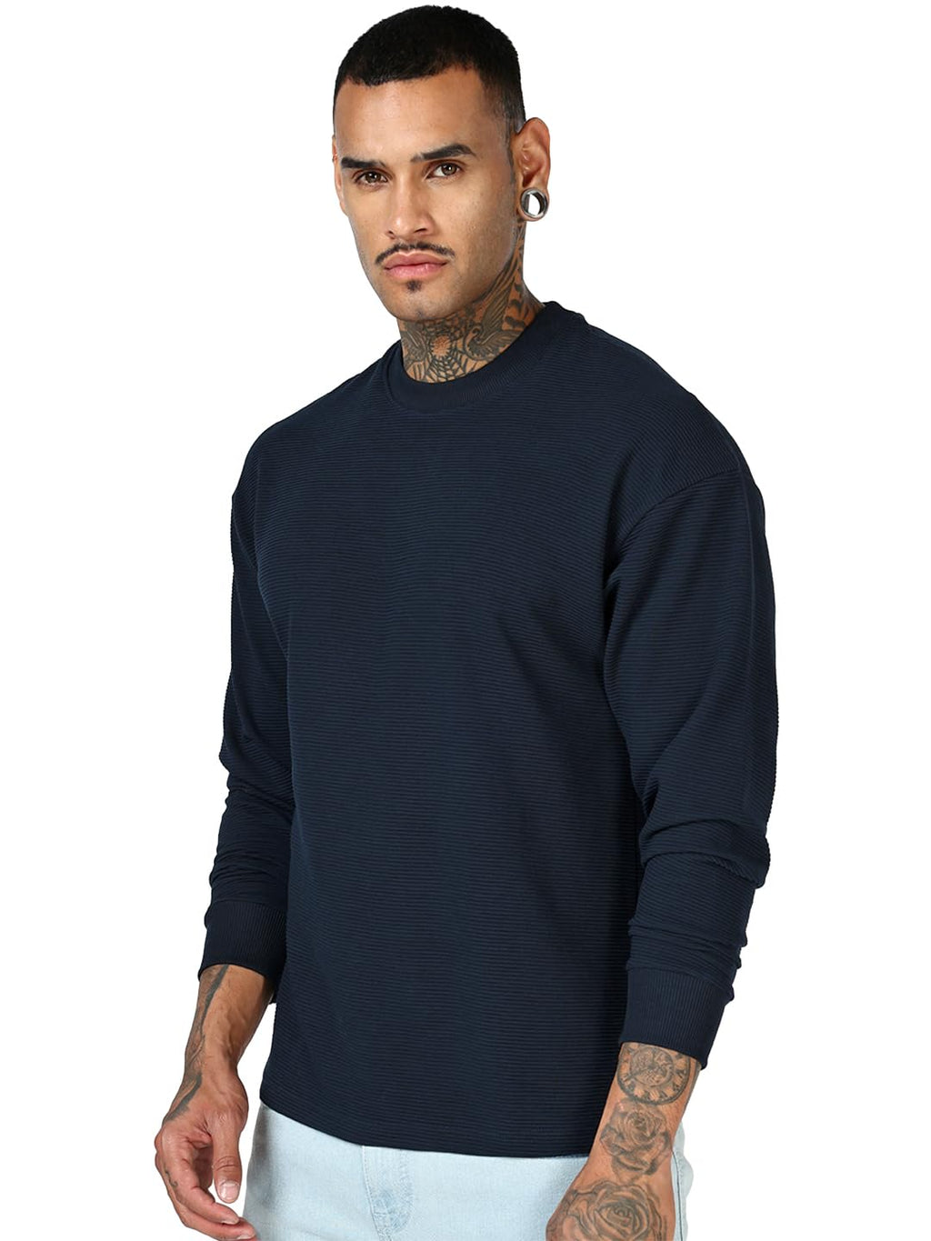 Bewakoof Heavy Duty 1.0 MenS Textured Oversized Fit Full Sleeve Round Neck Polycotton T-Shirt_685346_Brown_Xl