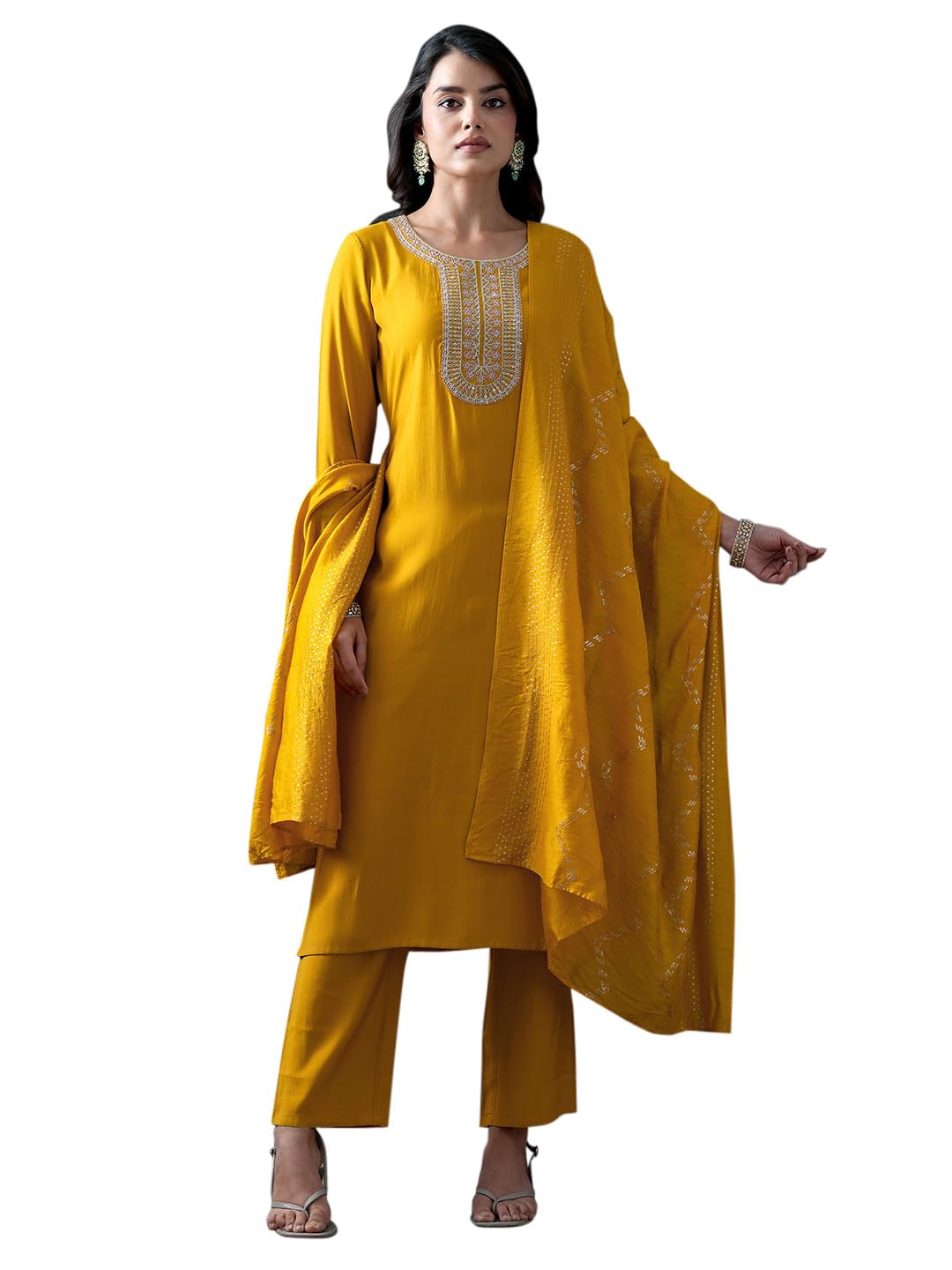 Gerua by libas Yellow Yoke Design Silk blend Straight Kurta set for Women (GS1084S)