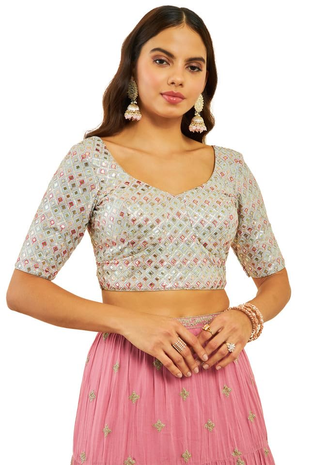 Soch Womens Grey Georgette Sequin Embellished and Embroidered Back-Open Blouse