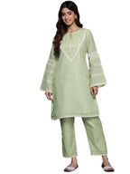 Varanga Women Green Kota Check Cotton Lace Short Kurta With Bottom, Round Neck With Keyhole Detail, Long Sleeves, Side Slits, To