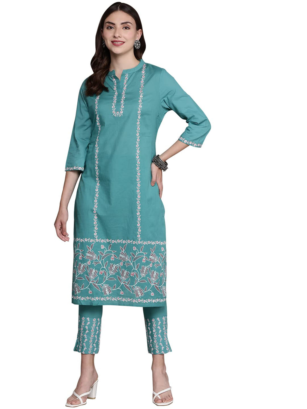 Ziyaa Womens Teal Blue Cotton Straight Kurta And Pant Set (Zikuco3736Andpa- 3Xl)
