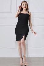 Popwings Women Casual Black Solid Bodycon Front Slit Noodle Strap Dress