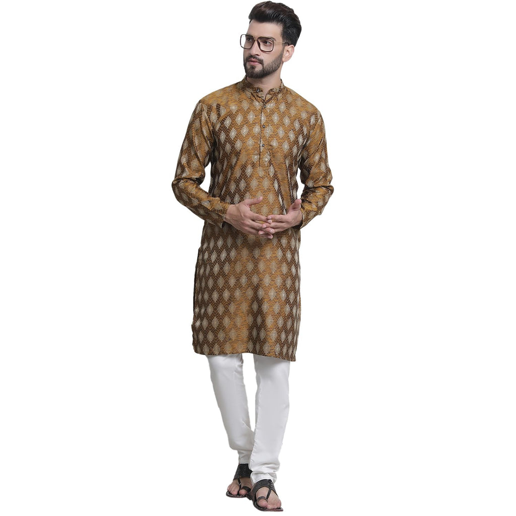 SOJANYA (Since 1958 Mens Silk Blend Booti Jacquard Mustard Kurta & Off-White Churidar Pyjama Set