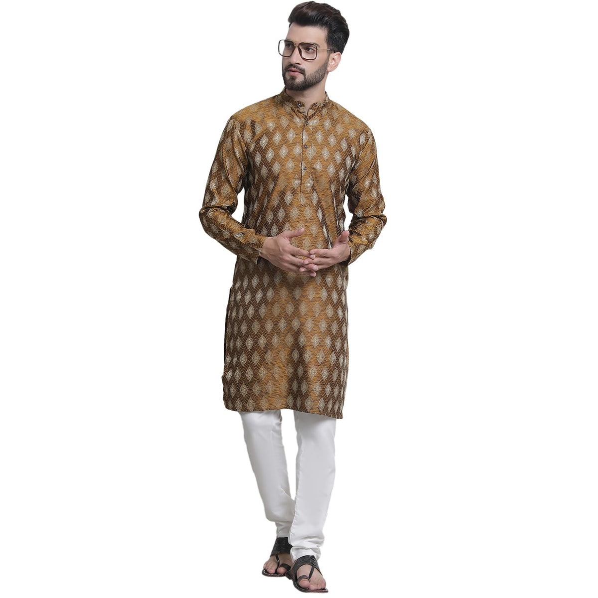 SOJANYA (Since 1958 Mens Silk Blend Booti Jacquard Mustard Kurta & Off-White Churidar Pyjama Set