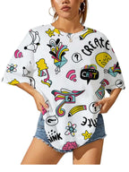 Noble Monk Women Casual Printed Round Neck Top | Colorful Print | Drop Shoulder | Half Sleeve | Regular Fit T-Shirt For Women