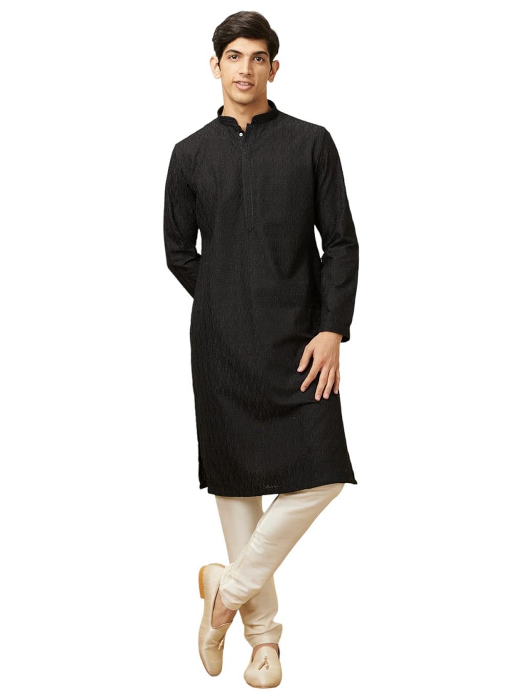 Manyavar Mens Blended Cotton Self Design Casual, Traditional Full Sleeves Kurta Payjama Set (Black, XXL)