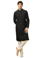 Manyavar Mens Blended Cotton Self Design Casual, Traditional Full Sleeves Kurta Payjama Set (Black, XXL)