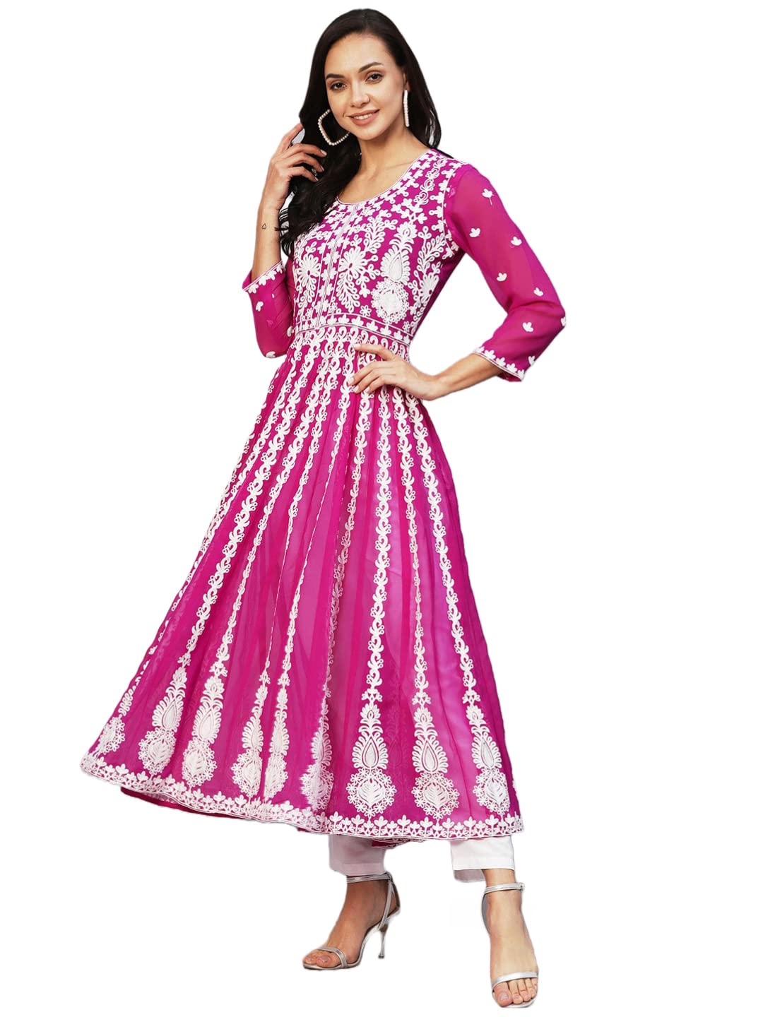 Gosriki Women'S Georgette Chikankari Embroidered Anarkali Kurti (Kari Pink-Nw1-Gs_L_Dark Pink_Large)