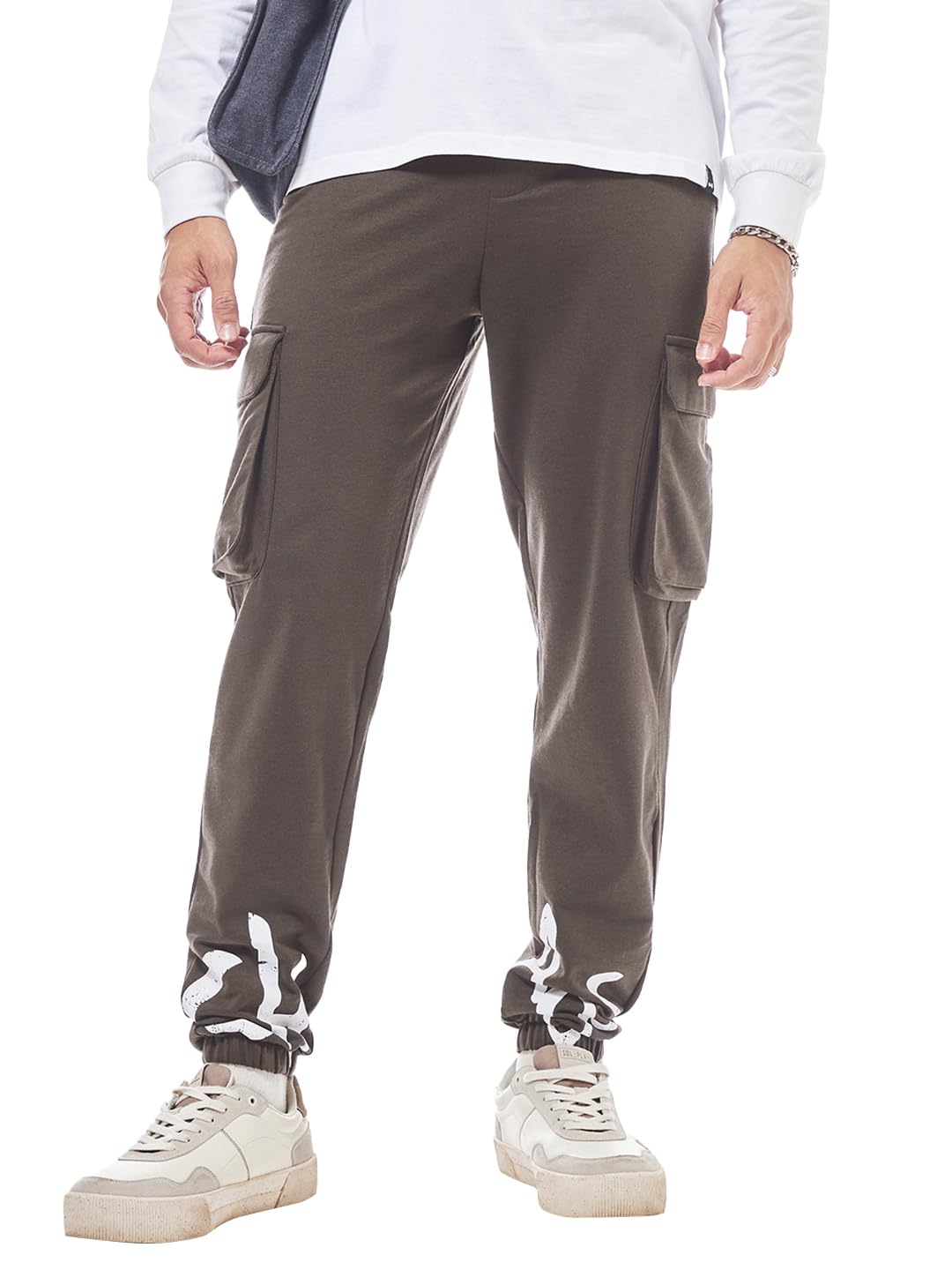 Bewakoof Mens Typography Oversized Fit Cotton Blend Cargo Joggers_584147_Brown_S