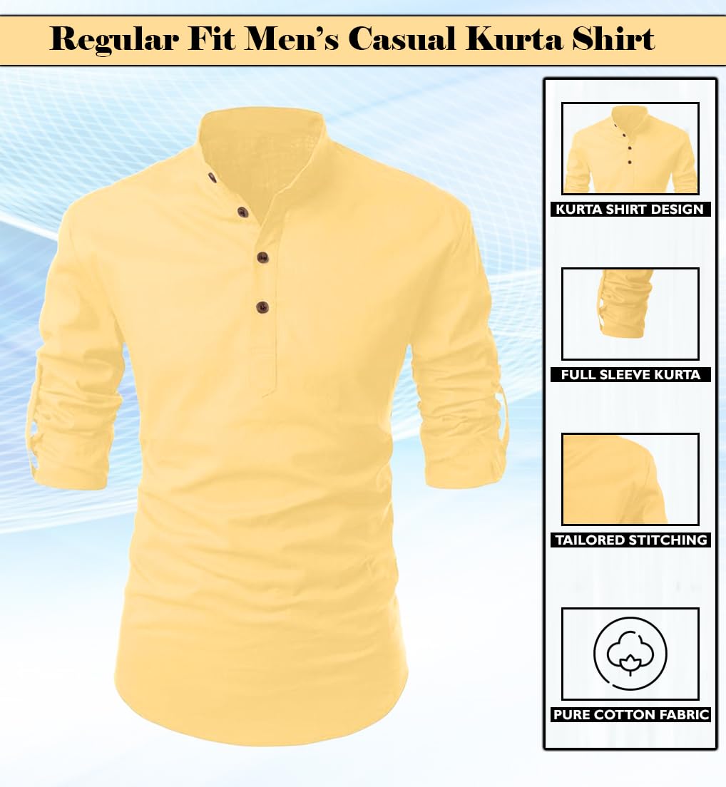 Finivo Fashion MenS Cotton Blend Solid Full Sleeve Short Kurta Shirt Yellow
