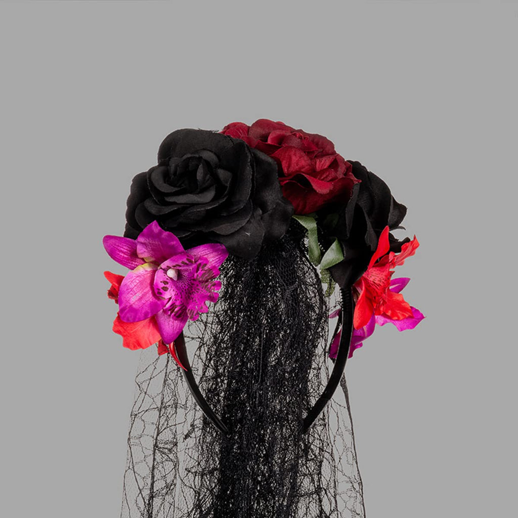 June Bloomy Day of the Dead Headpiece Rose Floral Crown Veil Halloween Costume Mexican Headband (D-Veil Burgundy Black)