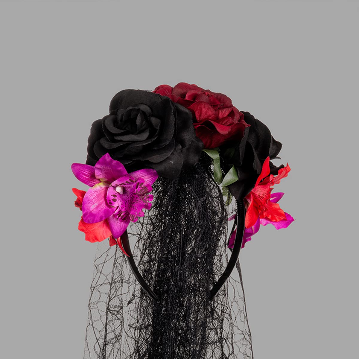 June Bloomy Day of the Dead Headpiece Rose Floral Crown Veil Halloween Costume Mexican Headband (D-Veil Burgundy Black)