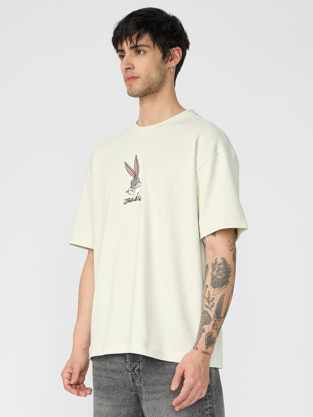 The Souled Store Official Bugs Bunny : Thats All Folks Mens and Boys Oversize Fit Half Sleeves Cotton T-Shirt White