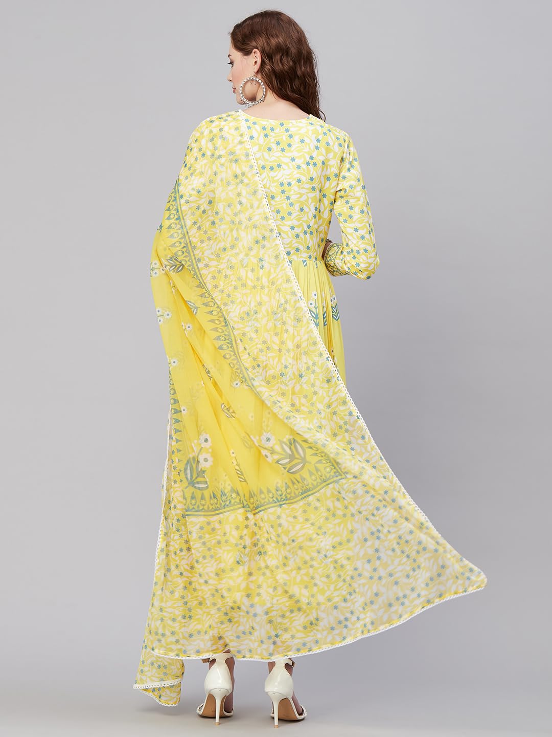 ANNI DESIGNER Womens Rayon Anarkali Printed Kurta with Pant & Dupatta (Renu-Yellow_M_Yellow_Medium)