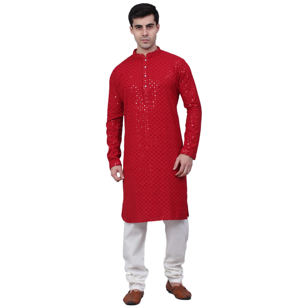 Jompers Mens Cotton Chikankari Embroidered And Sequins Kurta Churidar Set