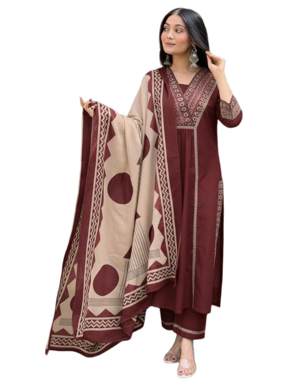ANNI Designer Womens Rayon Viscose Anarkali Printeded Kurta with Pant & Dupatta (TRIGUNI MAROON-VKS01_L_Maroon_Large)