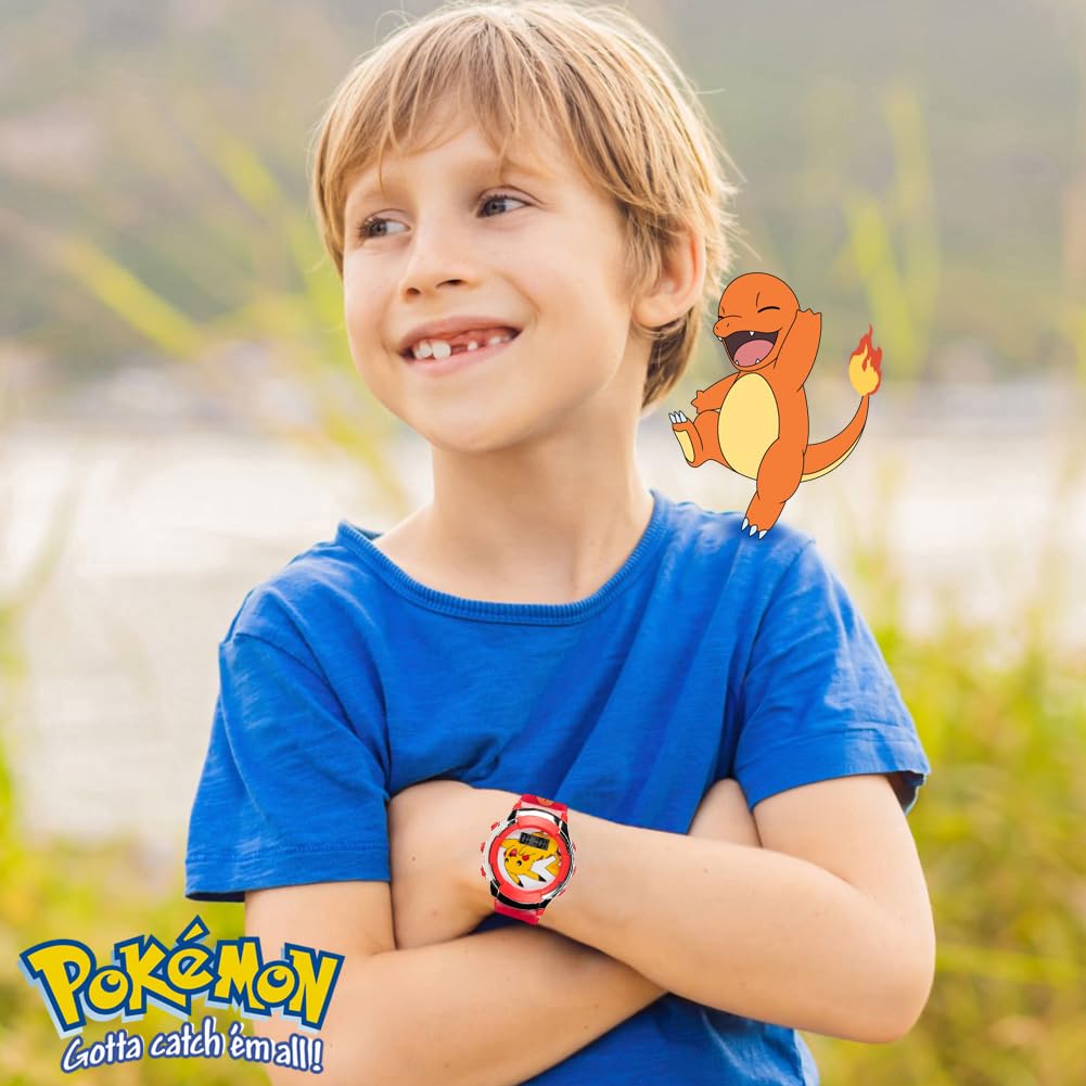 Accutime Kids Pokemon Pikachu Digital LCD Quartz Red Wrist Watch with Red Strap, Cool Inexpensive Gift & Party Favor for Boys, G
