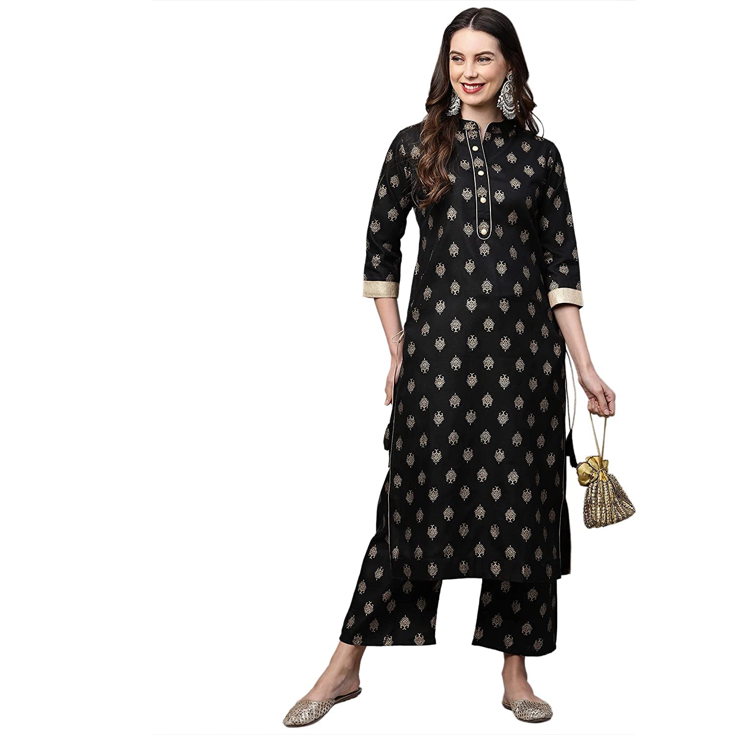 Gosriki Women'S Cotton Blend Straight Solid Kurta With Pant (Parbeen Nw Black & Gold_S-Go_Black & Gold_Small)