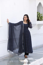 Modestouze Attires WomenS Georgette Anarkali Kurti Pants Dupatta Sets With Floral Printed Calf Length Round Neck And Long Sleev