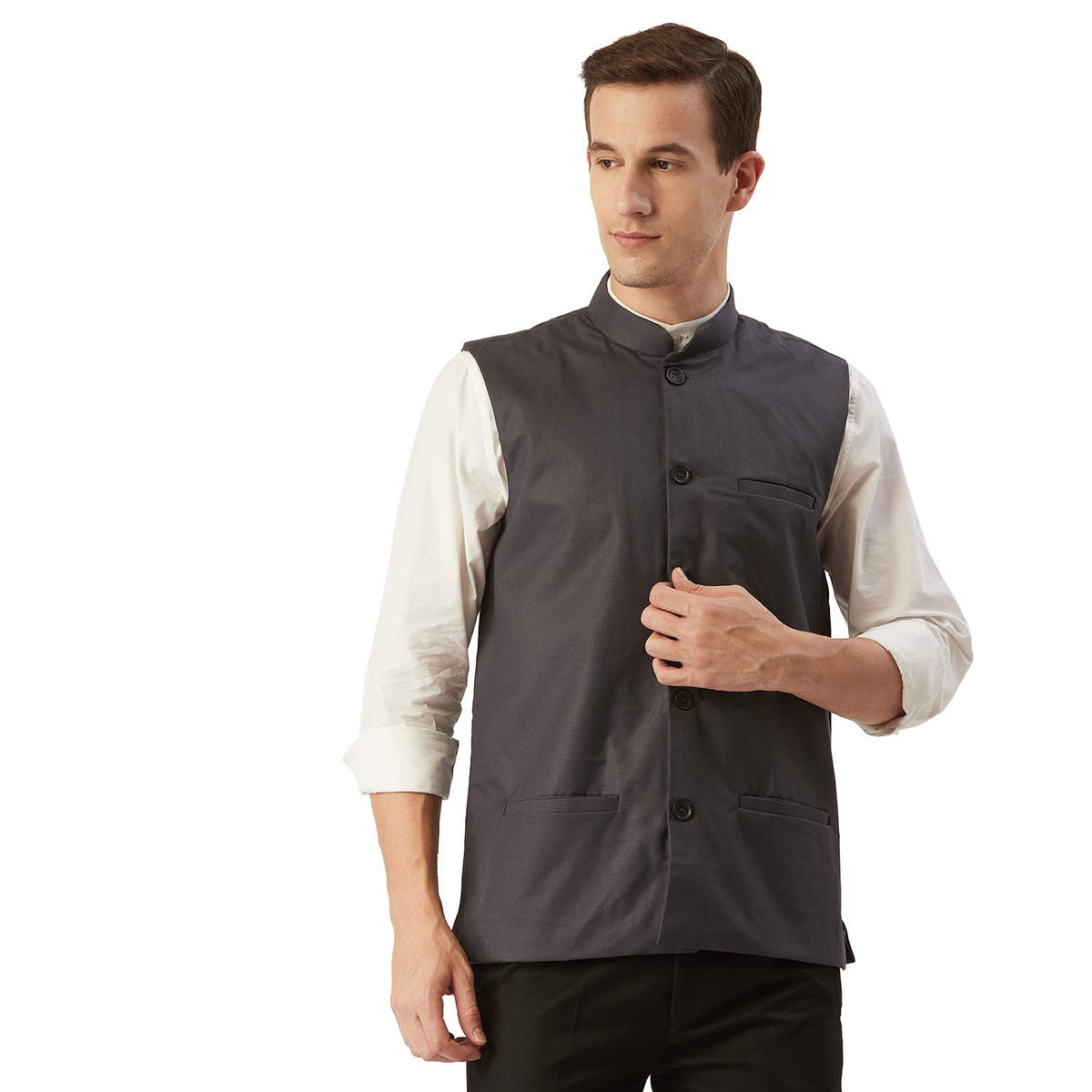 SOJANYA (Since 1958, Mens Cotton Blend Charcoal Grey Solid Nehru Jacket, Size: 44