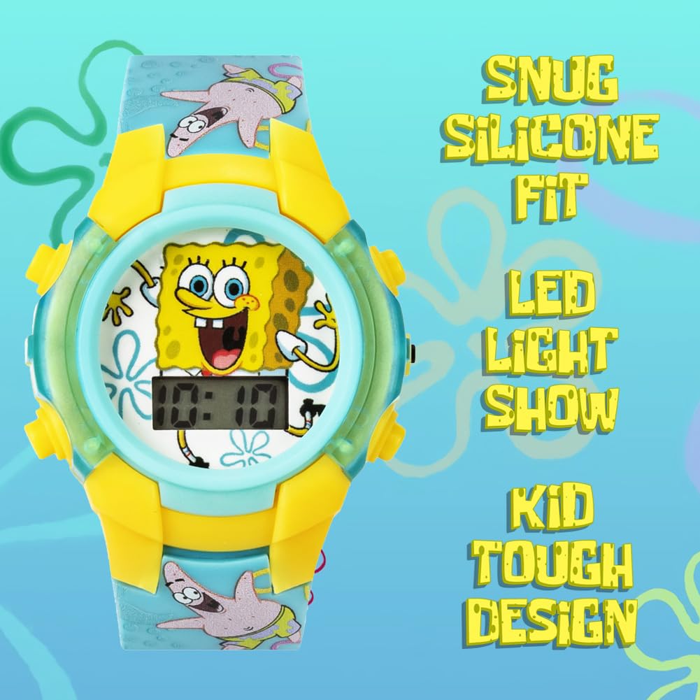 Accutime Nickelodeon Spongebob Squarepants Kids LCD Watch with LED Lights - Colorful Character Strap, Interactive Flashing Displ