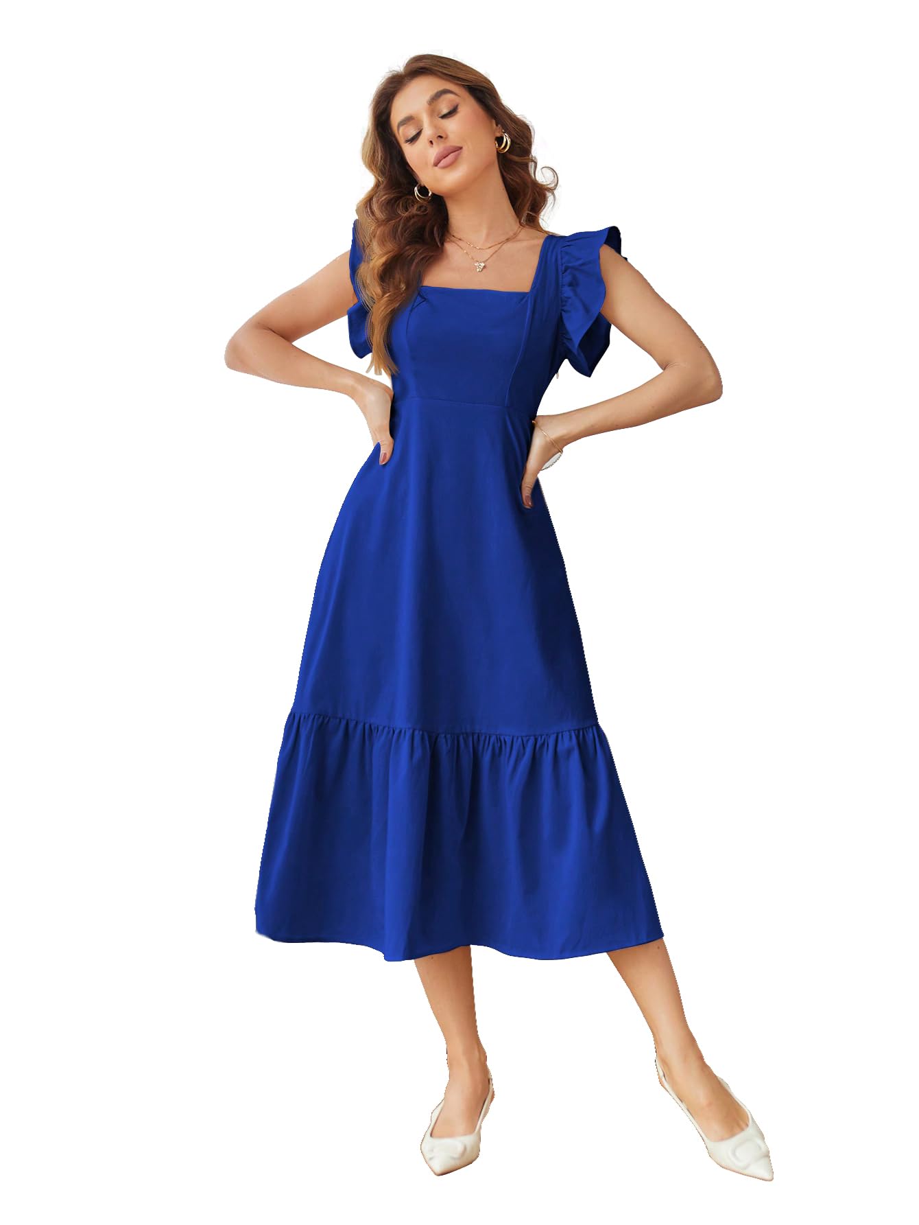 Shasmi GirlS & WomenS Solid Royal Blue Color Square Neck, Ruffle-Trimmed Hem Sleeveless, Ruffle Armhole And Casual Dress With 