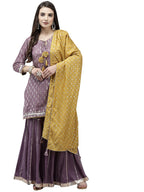 Ishin Women'S Purple Foil Printed Kurta Set With Sharara And Dupatta