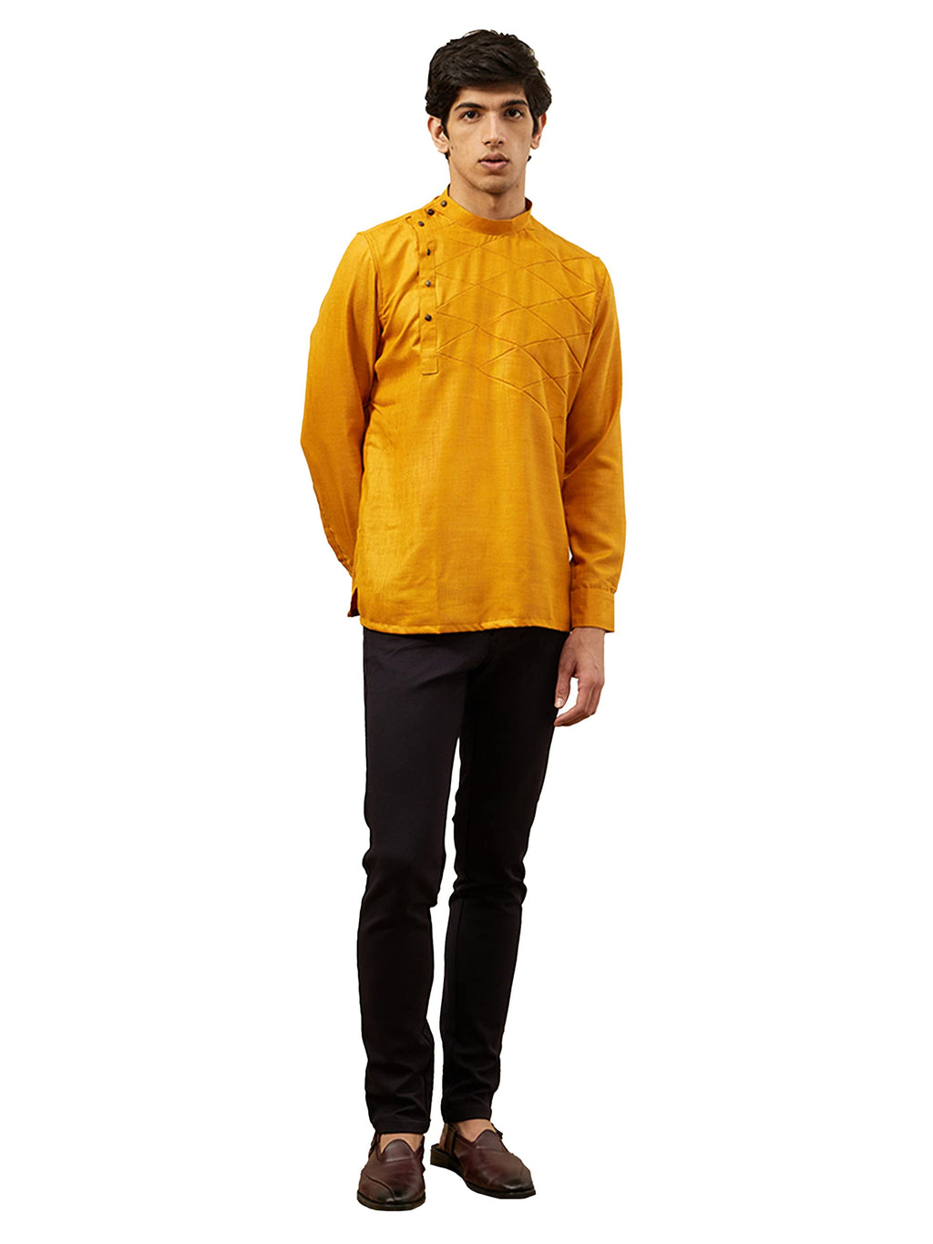 Manyavar Mens Short Kurta, Full Sleeves Mandarin Collar Ethnic Waist Length Kurta Only, Kurta for Festival, Wedding, Blended Vi