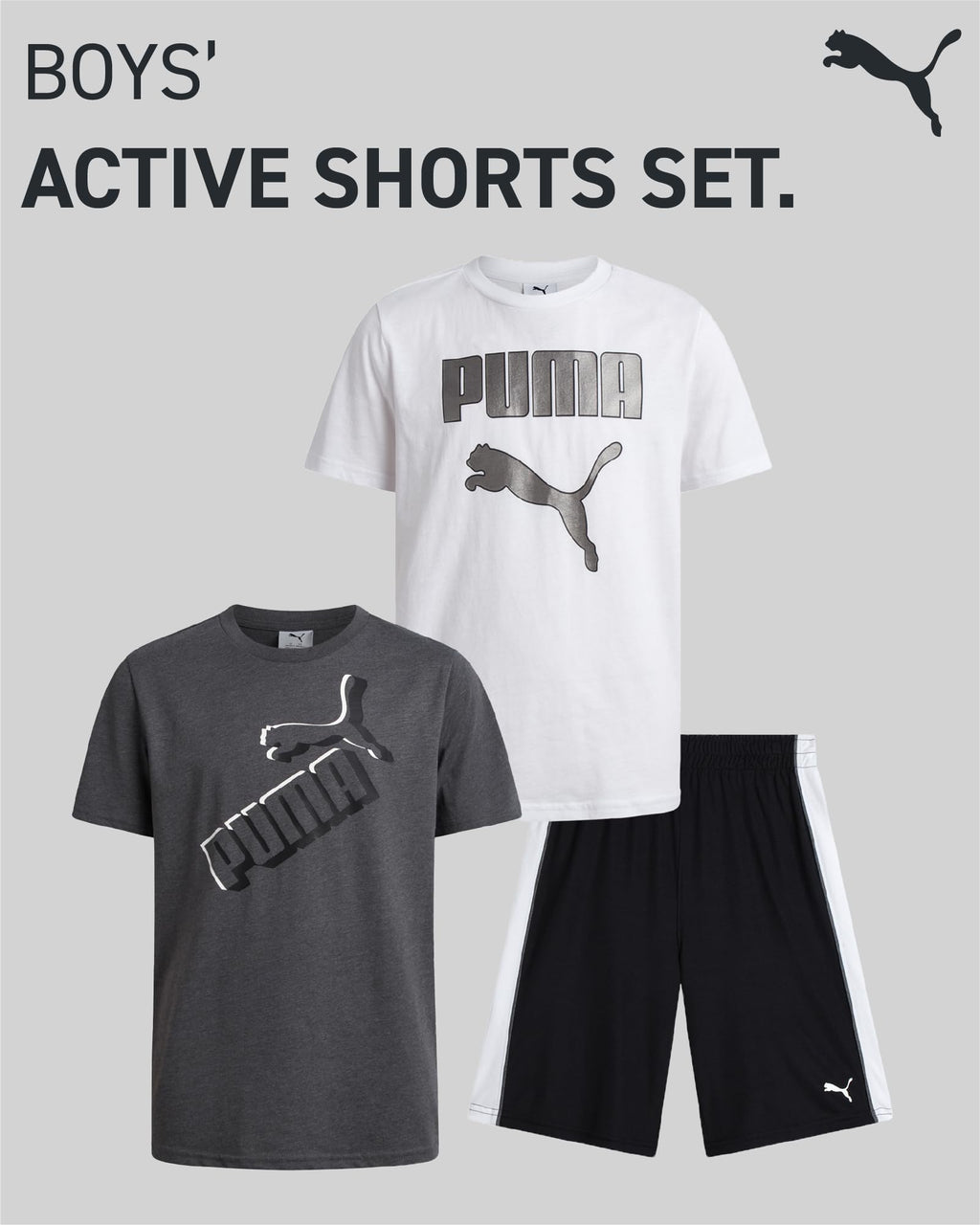 PUMA Boys' Active Shorts Set - 3 Piece Performance T-Shirt, Dry Fit Tank Top, and Gym Shorts - Activewear Set for Boys (S-L), Si