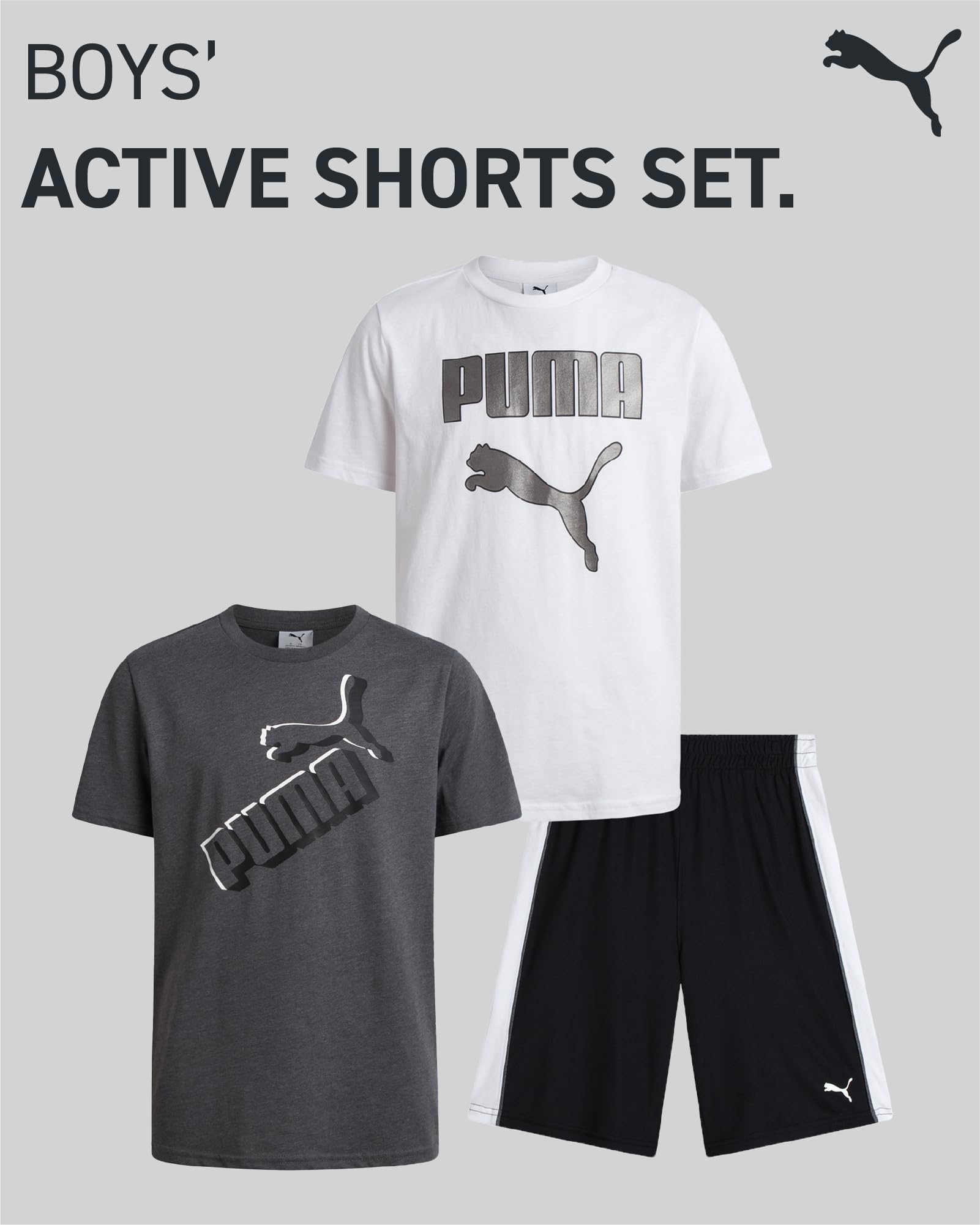 PUMA Boys' Active Shorts Set - 3 Piece Performance T-Shirt, Dry Fit Tank Top, and Gym Shorts - Activewear Set for Boys (S-L), Si