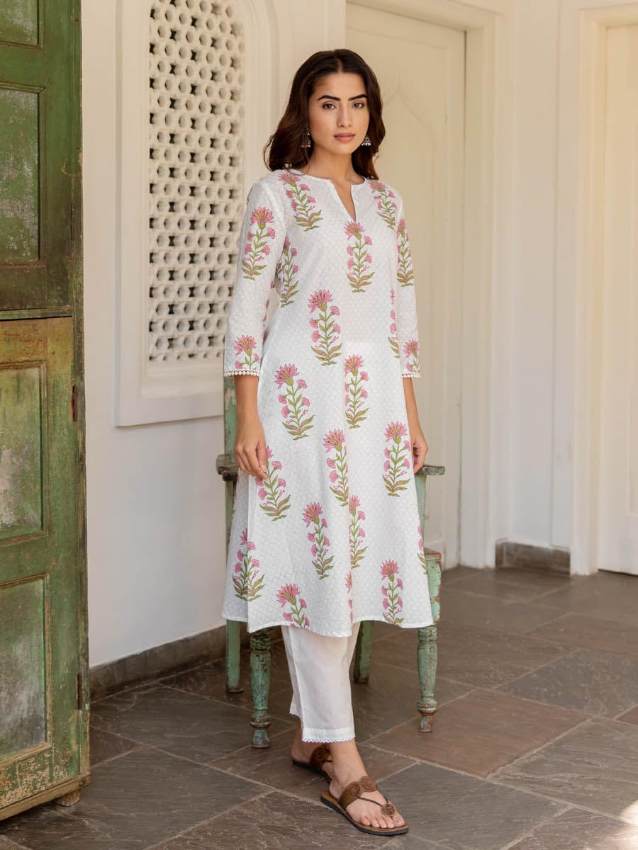ANNI DESIGNER Womens Rayon Viscose Anarkali Printed Kurta with Pant (Dilam White_L_White_Large)
