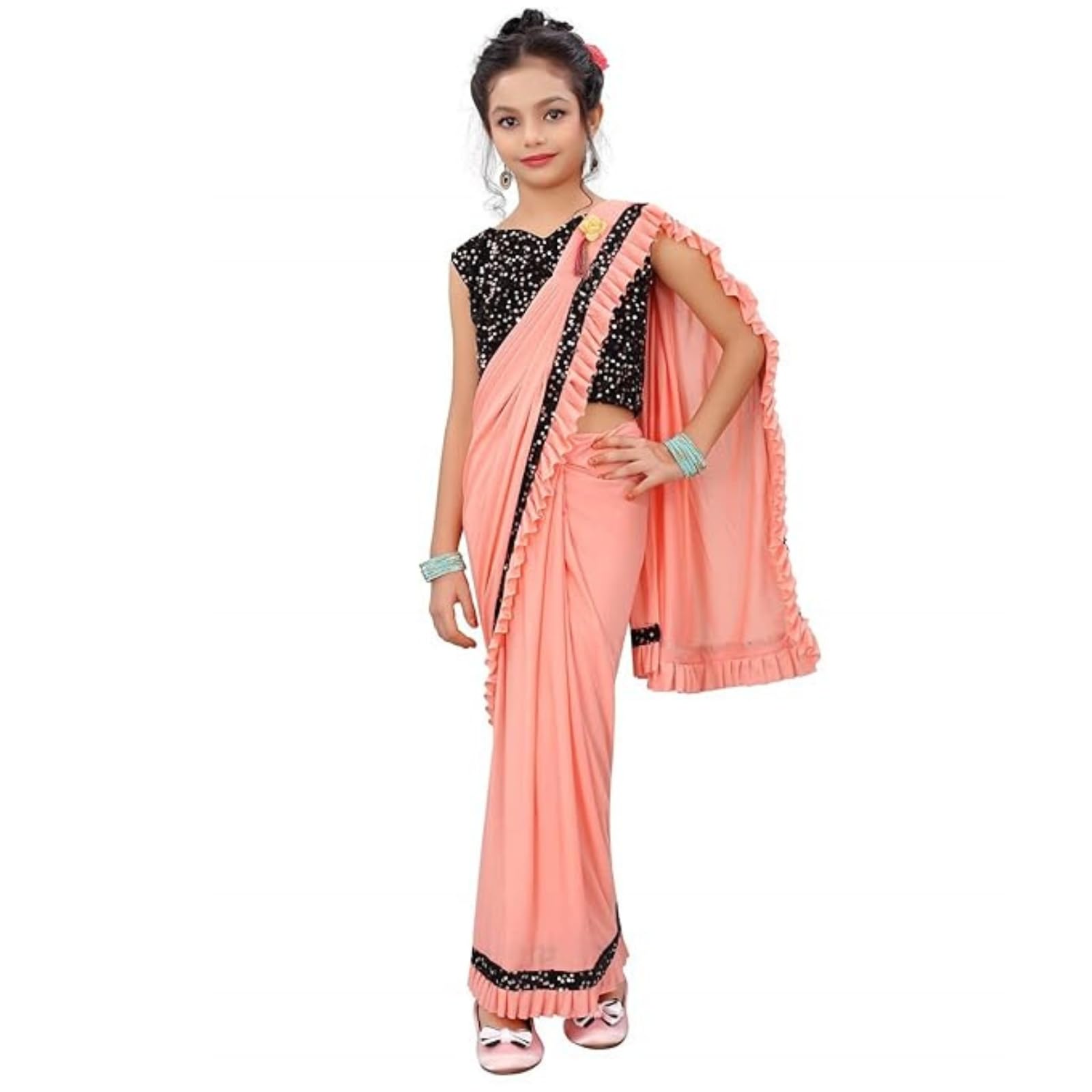 Dhyey Fashion Girls Lycra Blend Ruffle Pattern Saree With Velvet Unstitched Blouse Piece