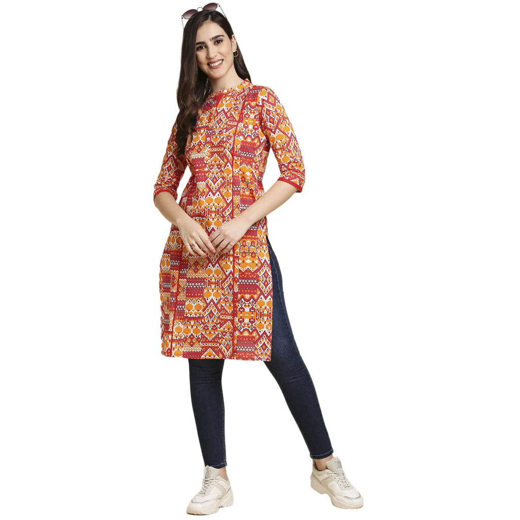 Anubhutee Women'S Cotton Orange Ethnic Motifs Printed Straight Kurta