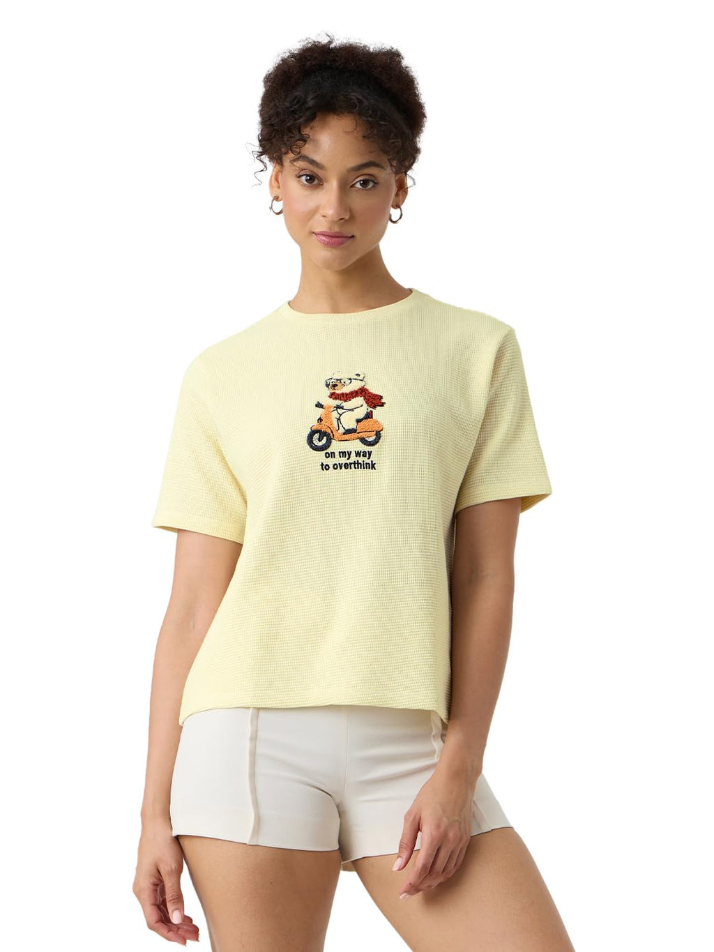 The Souled Store Textured T-Shirt: On My Way to Overthink Women and Girls Short Sleeves Round Neck Off White Embroidered Cotton 