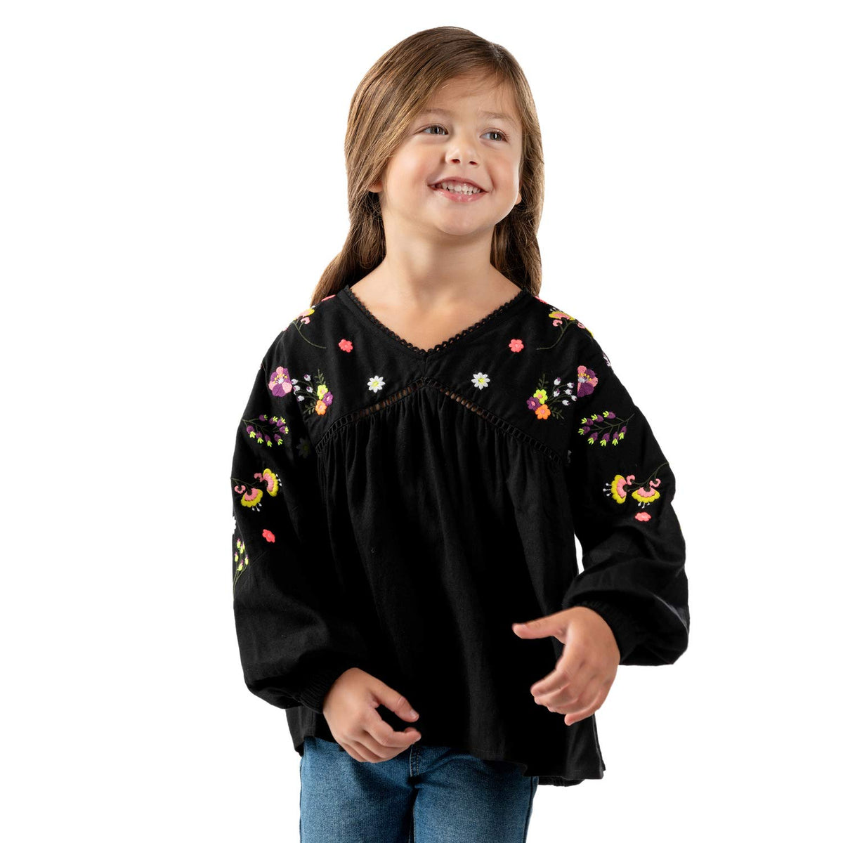 Cherry Crumble Black Yoke Embroidery & Solid Viscose Full Sleeves V Neck Casual Wear Regular Fit Yoke Summer Top for Girls 18-24