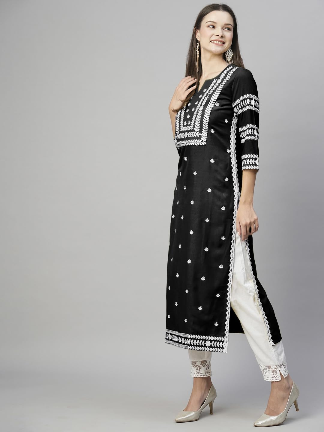 Anni Designer WomenS Cotton Blend Embroidered Straight Kurta (Stho-Black_M_Black_Medium)