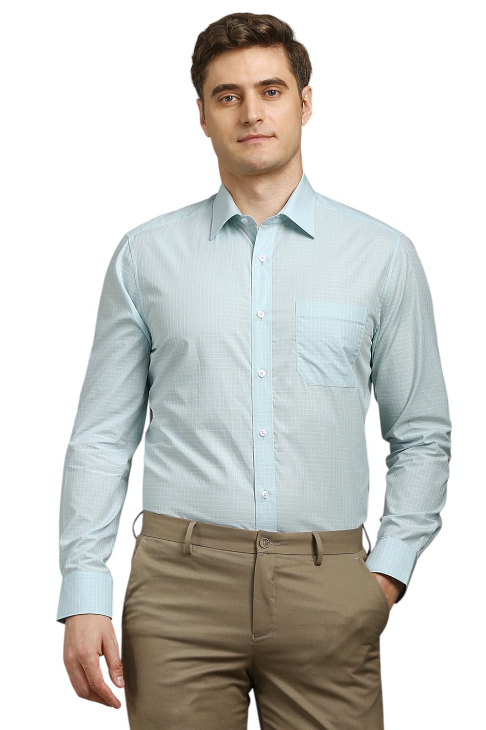 Louis Philippe Men Light Green Check Full Sleeves Formal Shirt