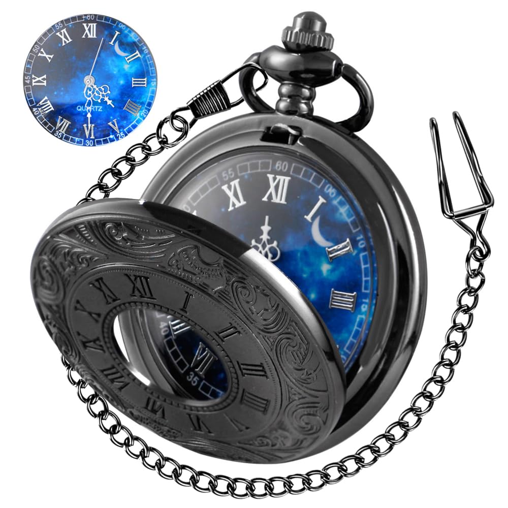 Tiong Roman Numerals Scale Pocket Watch Blue Starry Night Moon Dial Men Pocket Watch with Chain Christmas Graduation Birthday Gi