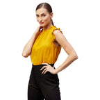 Rare Women Casual Mustard Colour High Neck Solid Regular Top