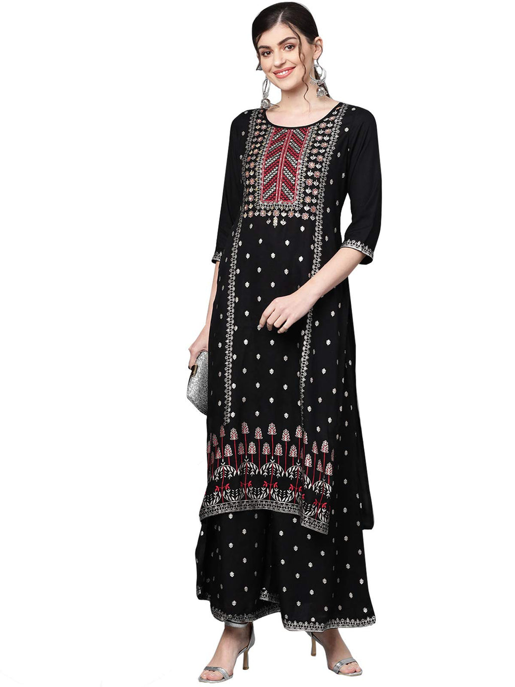 Ishin Women'S Rayon Black Embellished A-Line Kurta Set With Palazzo